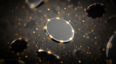 Black gold plastic chip mockup no gravity, dark blur background, 3d rendering. Finance gamble cash for vegas mock up. Full house or blackjack money token for parlay win template.の写真素材