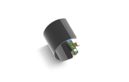 Blank black flexible folded rectangular narrow display mockup, isolated, 3d rendering. Empty arc...