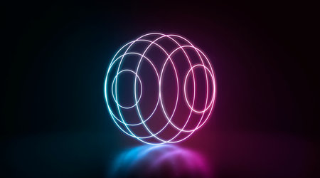 Colored neon glowing sphere frame lying in darkness, side view, 3d rendering. Abstract xenon circular lamp or whirlpool on floor. Electric ultraviolet spin tube with lighting template.の写真素材