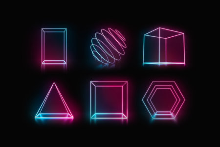 Colored neon glowing frame stand in darkness, different types, 3d rendering. Ultraviolet rectangle, sphere, cube, triangle, pentagon on floor. Electric xenon shape with luminous backlight template.の写真素材