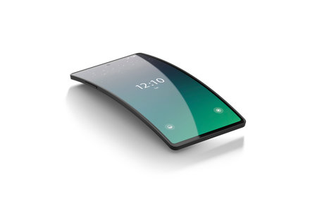 Blank turned on black phone flip display mockup, no gravity, 3d rendering. Empty innovation...