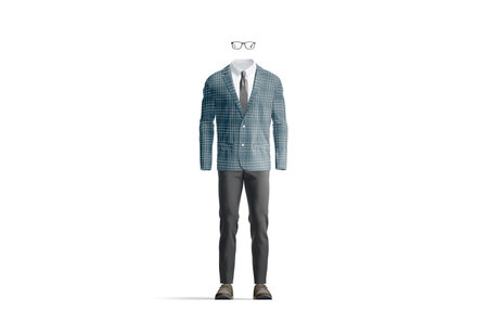 Colored casual costume with glasses mockup, front view, 3d rendering. Empty formal suit for office director or groom outfit mock up, isolated. Clear man formalwear with dress shirt and pants template.の写真素材