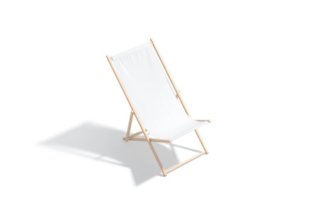 Blank white folding beach chair mockup, side view, 3d rendering. Empty sling lounger or hammock for summer relax mock up, isolated. Clear foldable wood wool for sunbathing template.の写真素材
