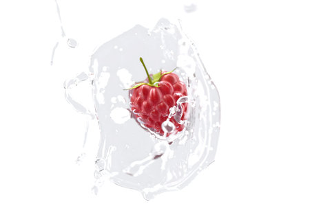Raspberry falling in water splash mockup, depth of field