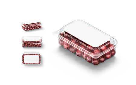 Blank transparent plastic box with cherry mockup, different views