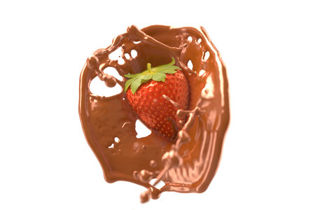Strawberry falling in chocolate splash mockup, depth of fieldの写真素材