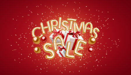 Decorative inflated foil balloon christmas font, red backgroundの写真素材