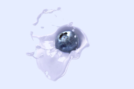 Blueberry falling in yogurt splash mockup, depth of fieldの写真素材