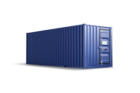 Blank blue steel cargo container mockup, half-turned view