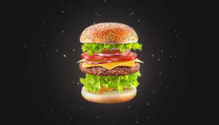 Blank beef hamburger with cheese mockup, black backgroundの写真素材