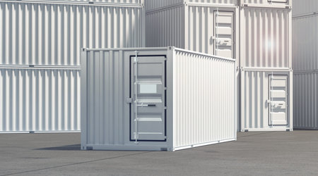 White steel cargo container standing in port mockup
