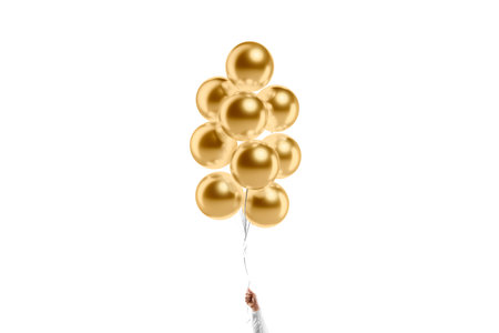 Hand holding blank gold sphere balloon bouquet mockup, isolatedの写真素材