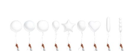 Hand holding blank white balloon mockup, different typesの写真素材