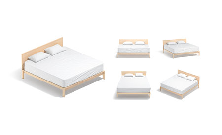 Blank wooden double bed with white bedding mockup, different viewsの写真素材