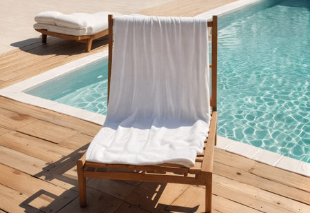 Blank white towel mockup on lounger near pool, ai generatedの素材
