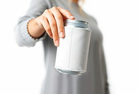 Hand holding white koozie with silver can mockup, ai generatedの素材