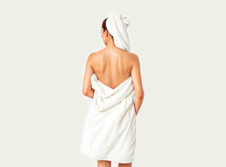 Blank white towel mockup on woman body, ai generatedの素材
