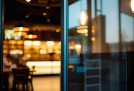 Blank transparent glass door mockup restaurant background, ai generatedの素材