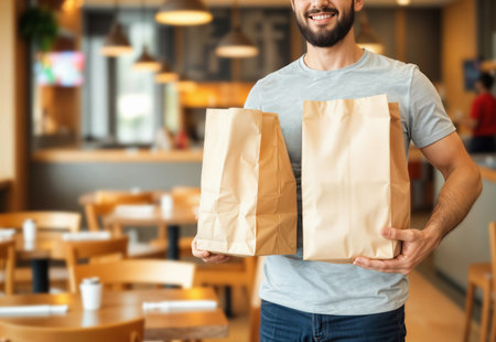 Man holding two craft delivery paper bags mockup, ai generatedの素材