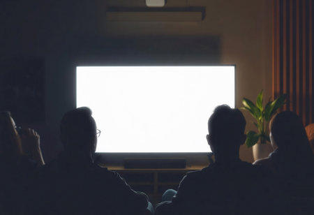 Blank white tv display in dark room interior mockup, ai generatedの素材