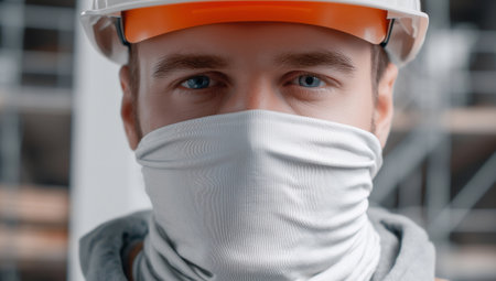 Blank white neck gaiter on construction worker mockup, ai generatedの素材