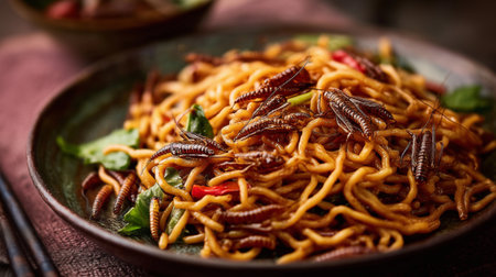 Alternative food pasta with edible insects, ai generatedの素材