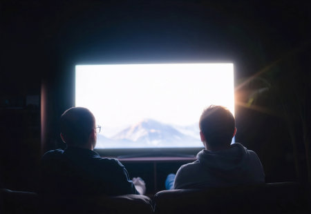 Blank white tv display in dark room interior mockup, ai generatedの素材