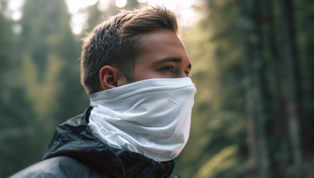 Blank white neck gaiter on traveler man mockup, ai generatedの素材