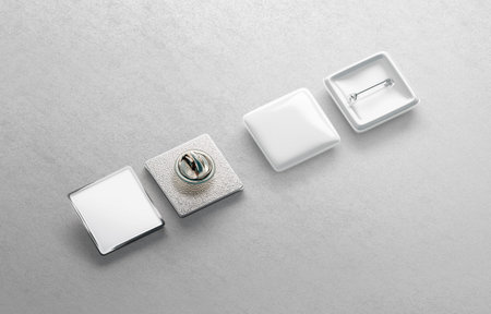 Blank white square pin mockup set, gray backgroundの写真素材