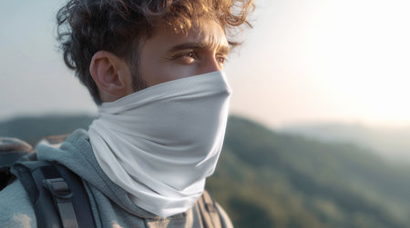 Blank white neck gaiter on traveler man mockup, ai generatedの素材
