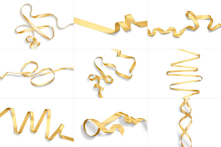 Blank gold ribbon mockup, different types and viewsの写真素材