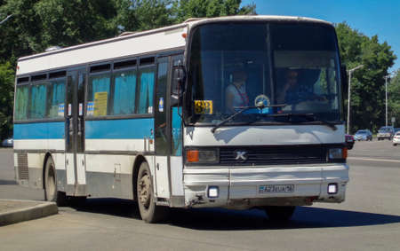 Kazakhstan, Ust-Kamenogorsk, June 22, 2020: Setra S215. Old bus on one of the city streets. Public transport. Setra busesのeditorial素材