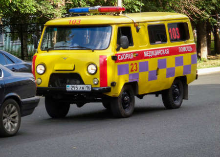 Kazakhstan, Ust-Kamenogorsk, August 11, 2020: UAZ 452. Ambulance carのeditorial素材