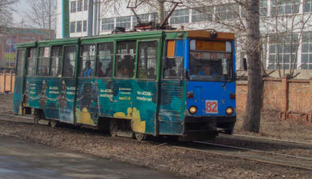 Kazakhstan, Ust-Kamenogorsk, March 29, 2019: Old soviet tram KTM 5 (71-605). Public transportのeditorial素材
