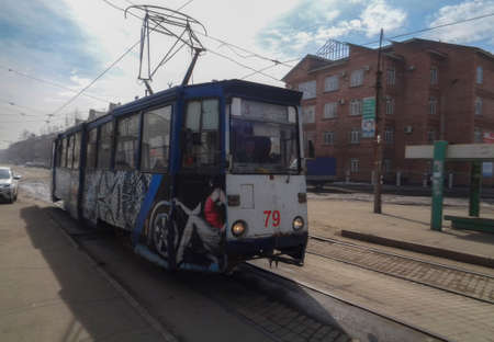 Kazakhstan, Ust-Kamenogorsk, March 29, 2019: Old soviet tram KTM 5 (71-605). Electric public transportのeditorial素材