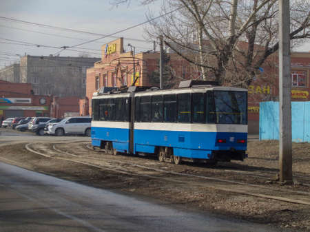 Kazakhstan, Ust-Kamenogorsk, March 29, 2019: Tram in the city. Ust-Kamenogorsk tramのeditorial素材