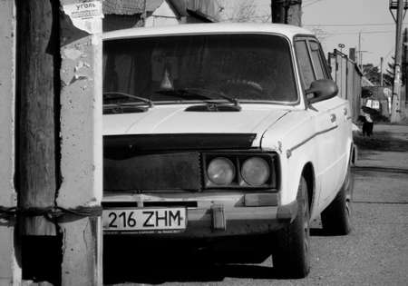 Kazakhstan, Ust-Kamenogorsk, March 13, 2019: Russian old car VAZ 2106. Lada Zhiguli car sedan. Black and whiteのeditorial素材
