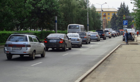 Kazakhstan, Ust-Kamenogorsk, August 9, 2019: Traffic. One of the city streets. Downtown. Street...