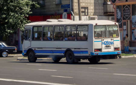 Kazakhstan, Ust-Kamenogorsk, july 8, 2019: Urban bus PAZ 4234 in the city street. Public transport. Passenger transportation. Commercial vehiclesのeditorial素材
