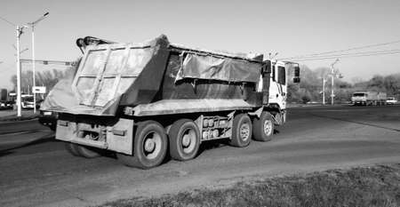 Kazakhstan, Ust-Kamenogorsk, September 10, 2019: Big dump truck. Black and whiteのeditorial素材