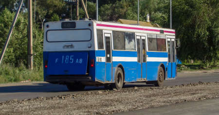 Kazakhstan, Ust-Kamenogorsk, july 10, 2019: Volvo B10M Mk 3 / Wiima K202. Old city bus. Volvo buses. Blue busのeditorial素材