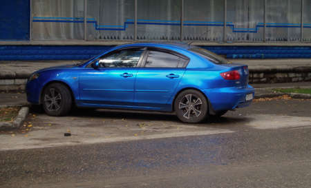 Kazakhstan, Ust-Kamenogorsk, September 11, 2019: Mazda 3 is a compact car manufactured in Japan by Mazda Motor Company. Blue carのeditorial素材