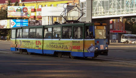 kazakhstan, Ust-Kamenogorsk, September 20, 2019: Old soviet tram KTM 5 (71-605). Public transportのeditorial素材