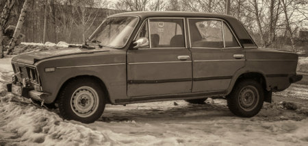 Kazakhstan, Ust-Kamenogorsk, march 9, 2018: Old car. Lada 1600 (VAZ 2106). Vintage style. Retro effectのeditorial素材