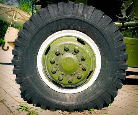 Soviet howitzer. Russian long-range artillery gun in position. Howitzer wheel. Open-air museum. Ust-Kamenogorsk (kazakhstan)のeditorial素材