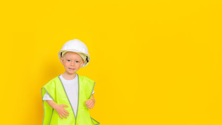 Happy kid introduces himself as a builder. Dressed in a yellow construction vest and a white hard...