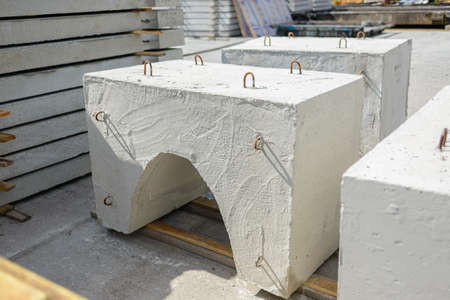 Reinforced concrete weighting agent of wedge-shaped type ubkm ready for shipment at the warehouse of a precast concrete plantの写真素材