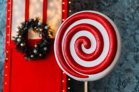 Large toy lollipop on the background of a red door with new year decorationsの写真素材