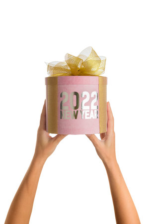 Female hands hold a pink round gift box with a yellow bow and the inscription New Year 2022, on a...
