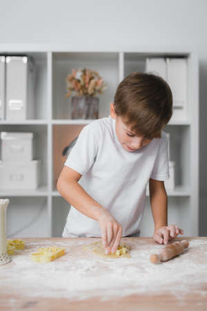 Little boy prepares pastries. He squeezes figurines out of raw dough using moldsの写真素材